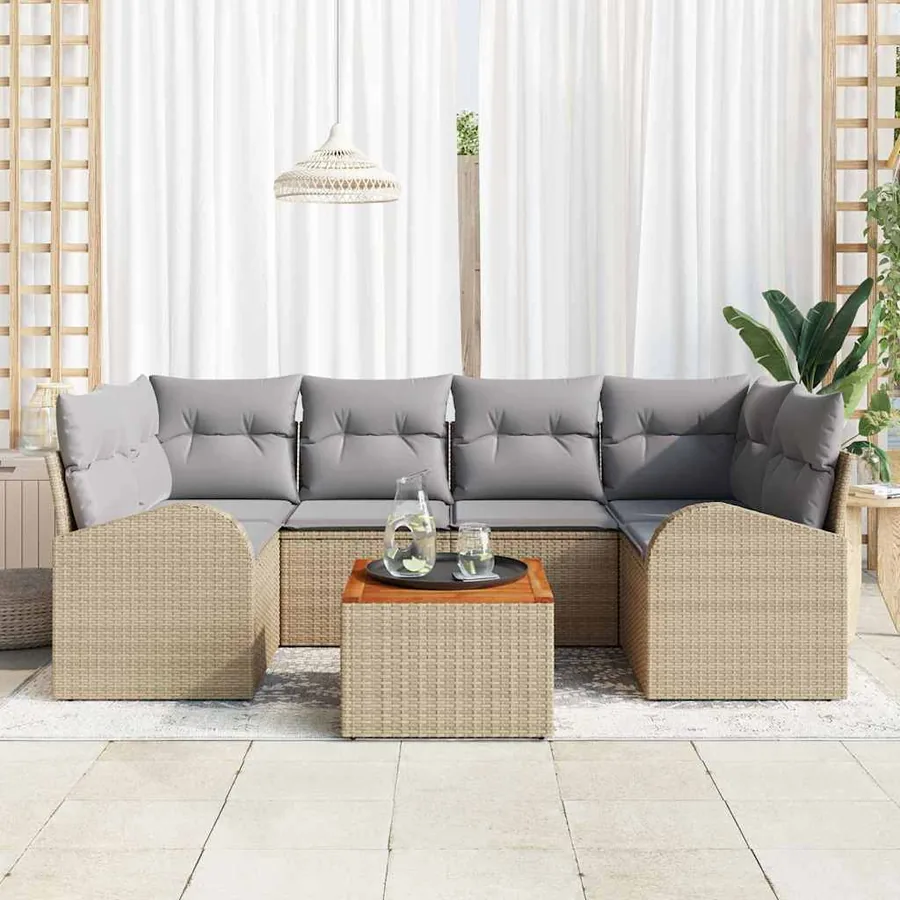 Ensemble de canapé de jardin avec coussin 7 pcs Beige polyrotin - 3