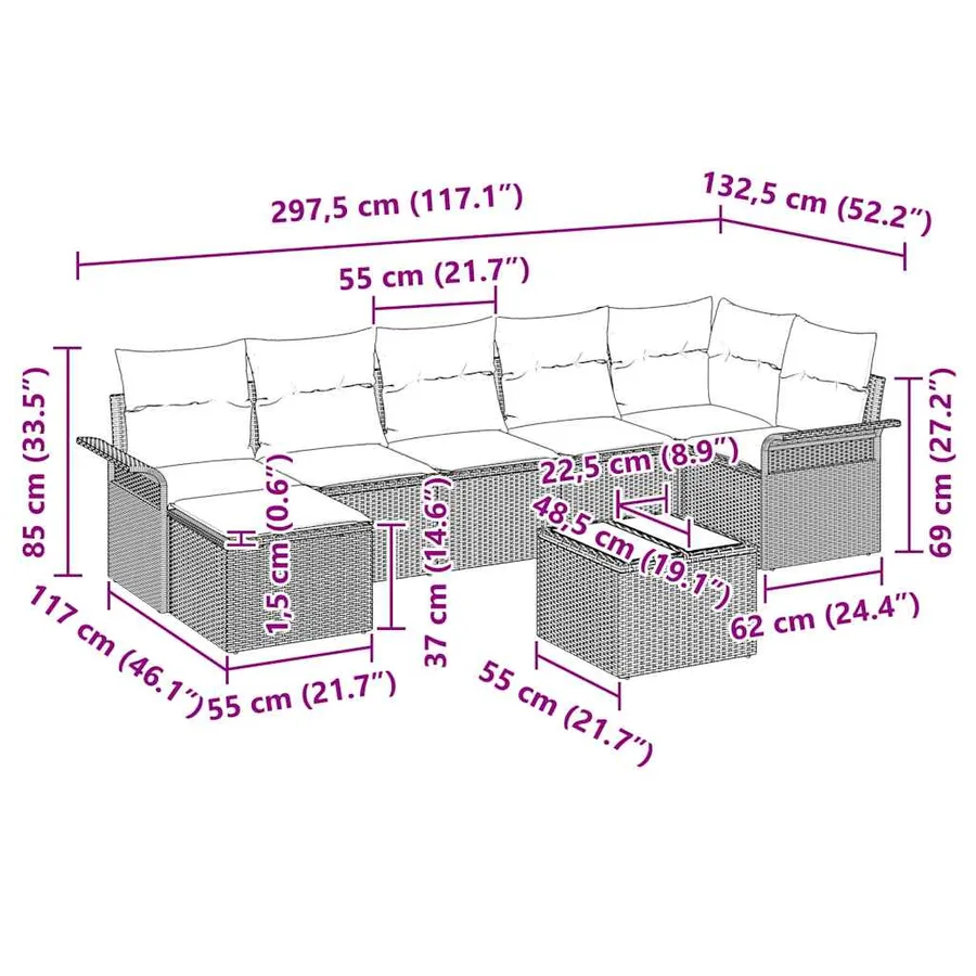 Ensemble de canapé de jardin 8 pcs Marron Poly rotin - 15