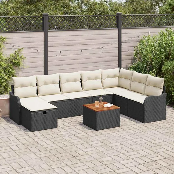 Ensemble de canapé de jardin avec coussin 9 pcs Noir Poly rotin