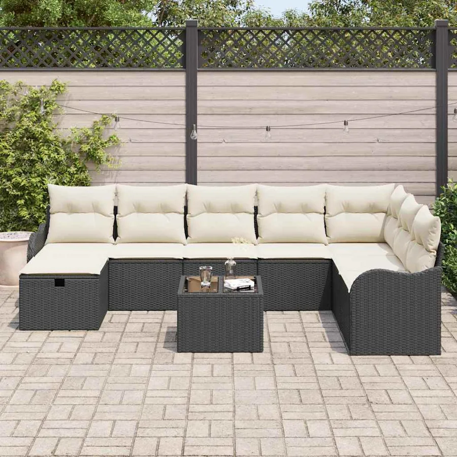 Ensemble de canapé de jardin avec coussin 9 pcs Noir Poly rotin - 3