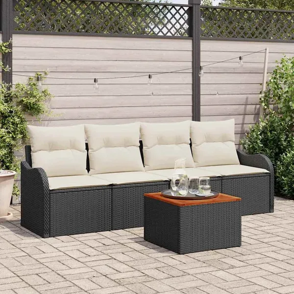 Ensemble de canapé de jardin 5 pcs Noir et Crème polyrotin