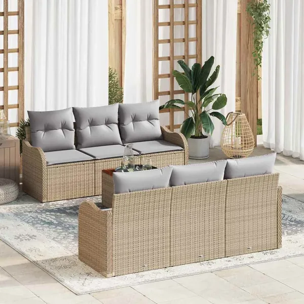 Ensemble de canapé de jardin avec coussin 7 pcs Beige polyrotin