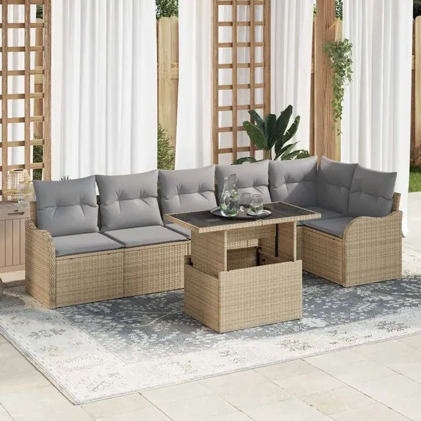 Ensemble de Canapés avec coussin 7 pcs Beige Poly rotin