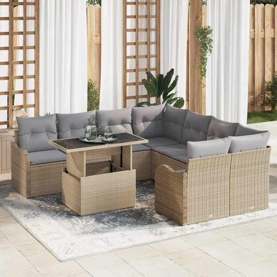 Ensemble de canapé de jardin 9 pcs Beige Poly rotin