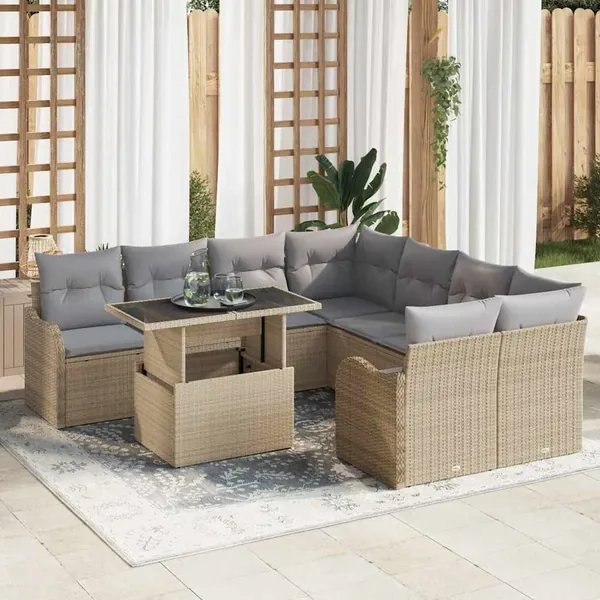 Ensemble de canapé de jardin 9 pcs Beige Poly rotin