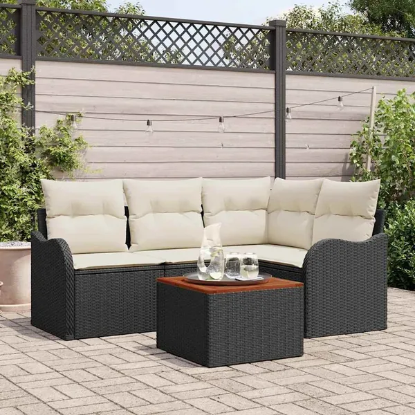 Ensemble de canapé de jardin 5 pcs Noir et Crème polyrotin