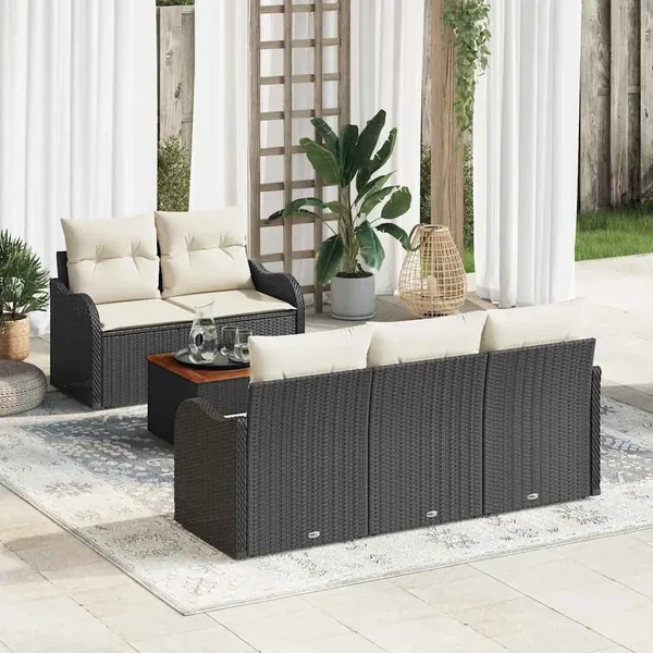 Ensemble de canapé de jardin 6 pcs Noir et Crème polyrotin