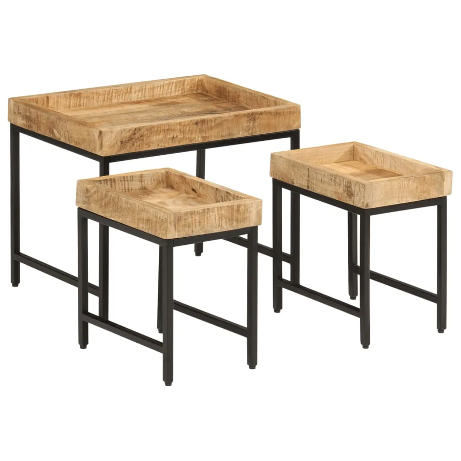 Tables basses gigognes 3pcs bois de manguier massif brut et fer - 10