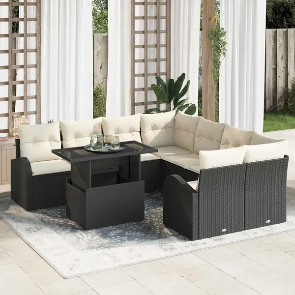 Ensemble de canapé de jardin 9 pcs Noir Poly Rattan