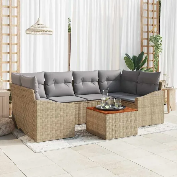 Ensemble de canapé de jardin avec coussin 7 pcs Beige polyrotin