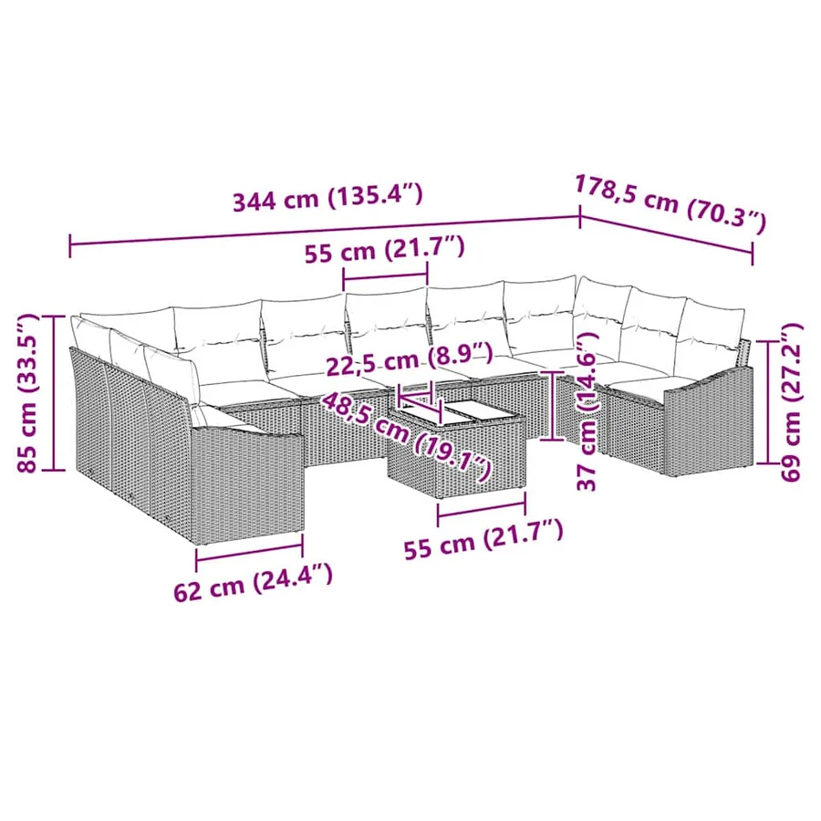 Ensemble de Canapés avec coussin 11 pcs Marron polyrotin - 9