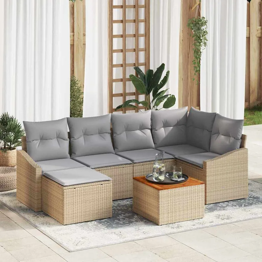 Ensemble de canapé de jardin avec coussin 7 pcs Beige polyrotin