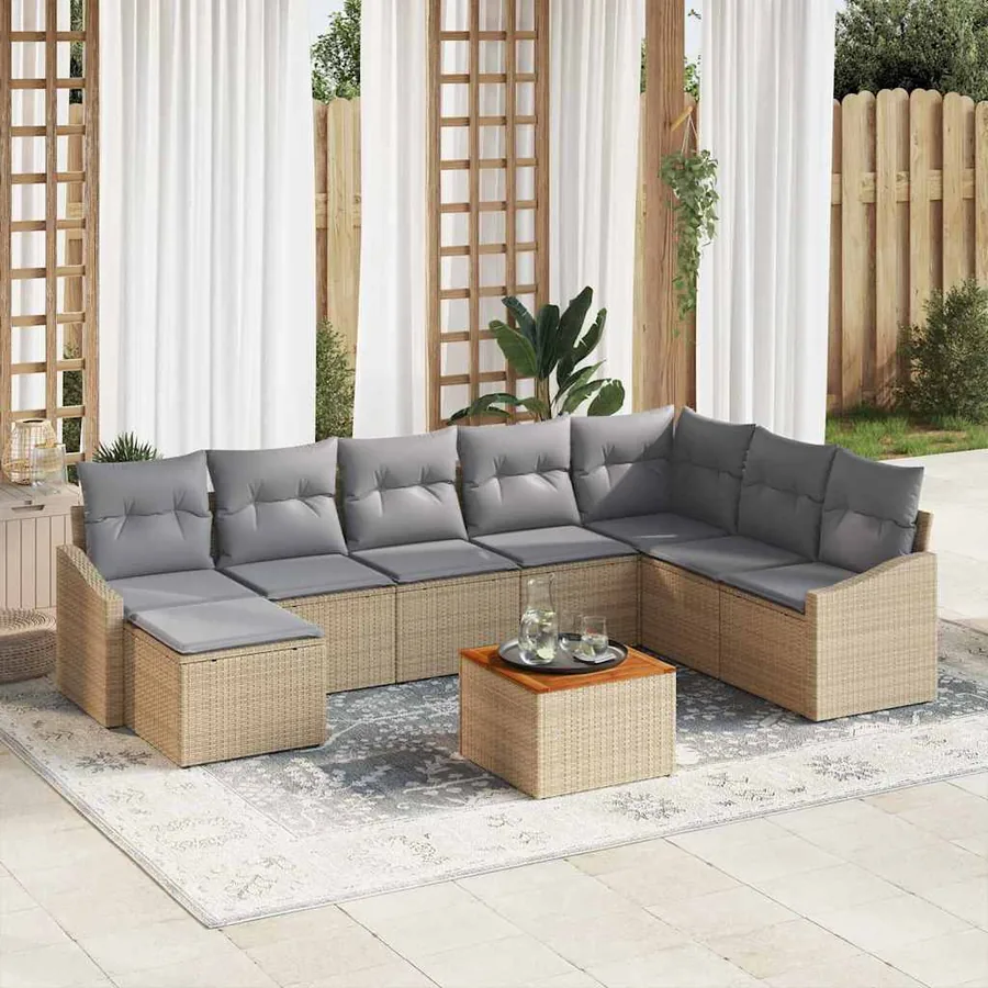 Ensemble de canapé de jardin avec coussin 9 pcs Beige polyrotin