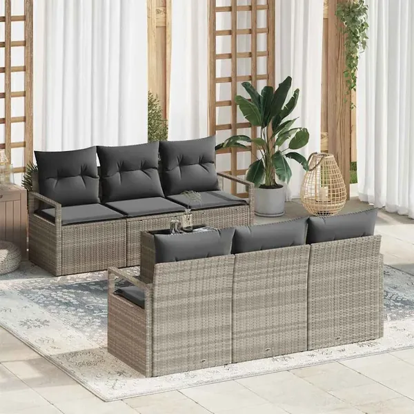 Ensemble de Canapés avec coussin 7 pcs Gris clair polyrotin