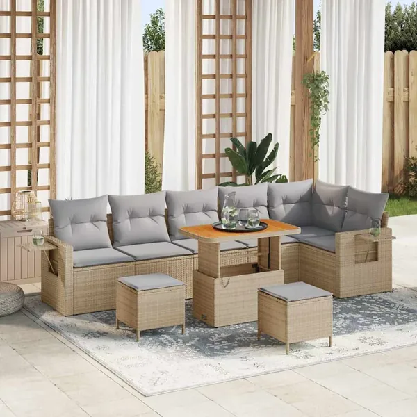 Ensemble de canapé de jardin 9 pcs Beige polyrotin