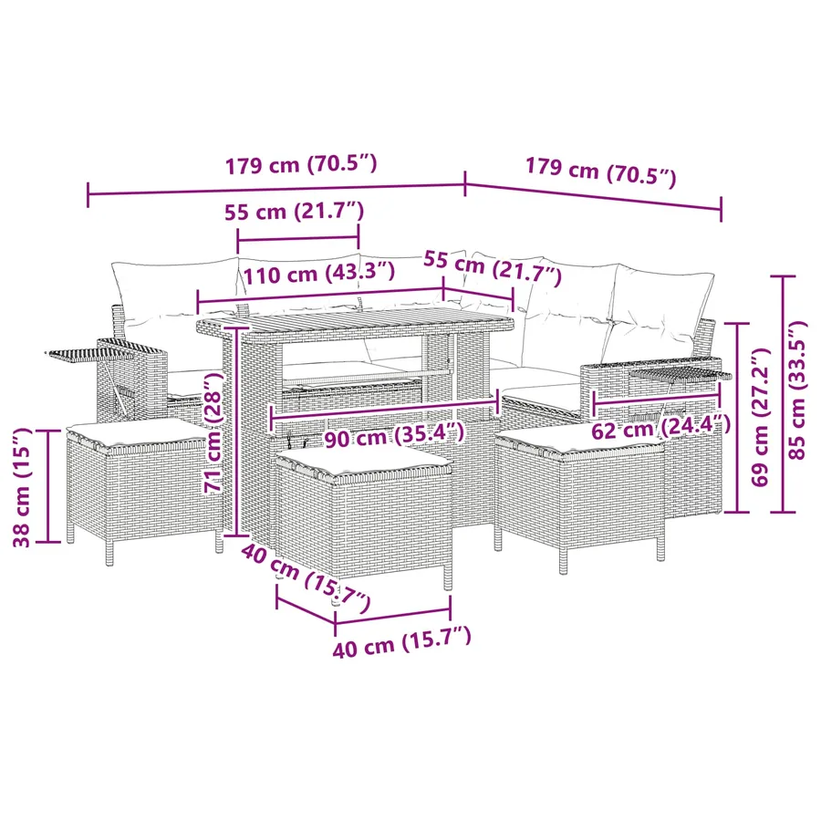 Ensemble de canapé de jardin avec coussin 10 pcs Noir polyrotin - 19