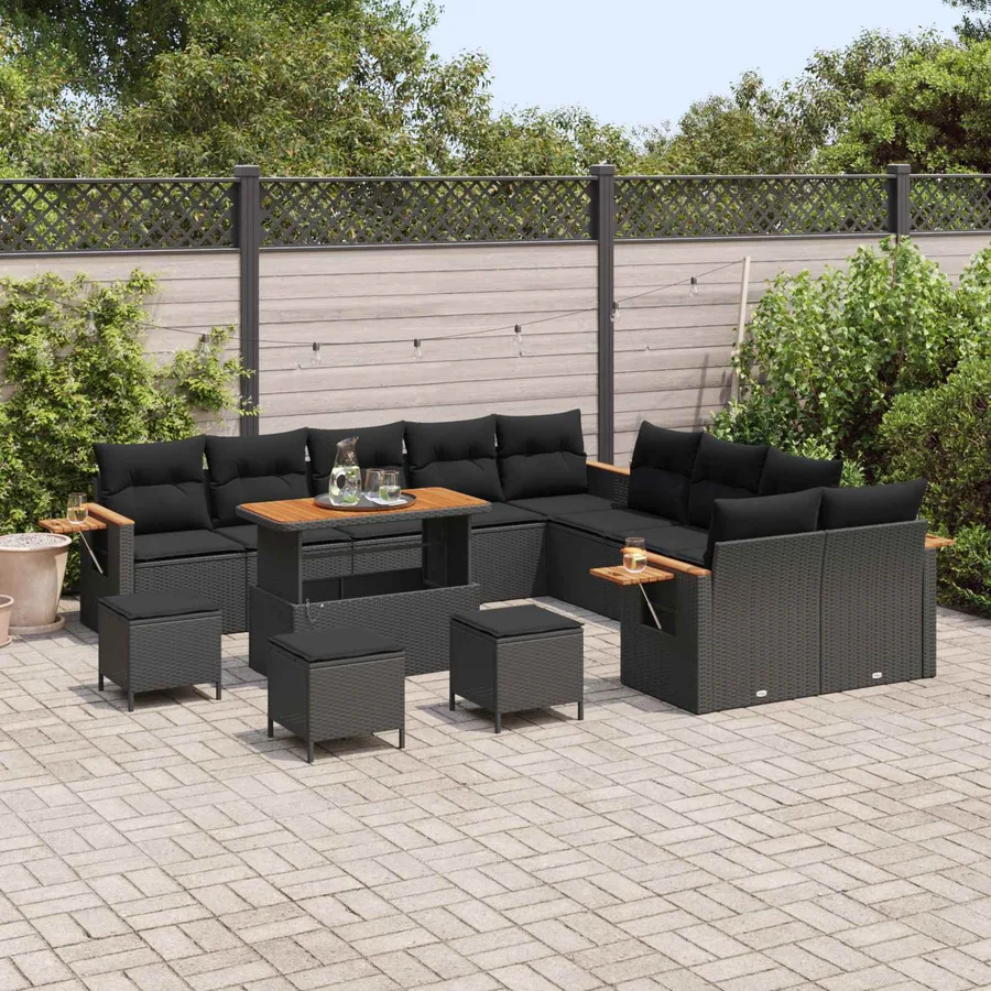 Ensemble de canapé de jardin 14 pcs Noir polyrotin - 3