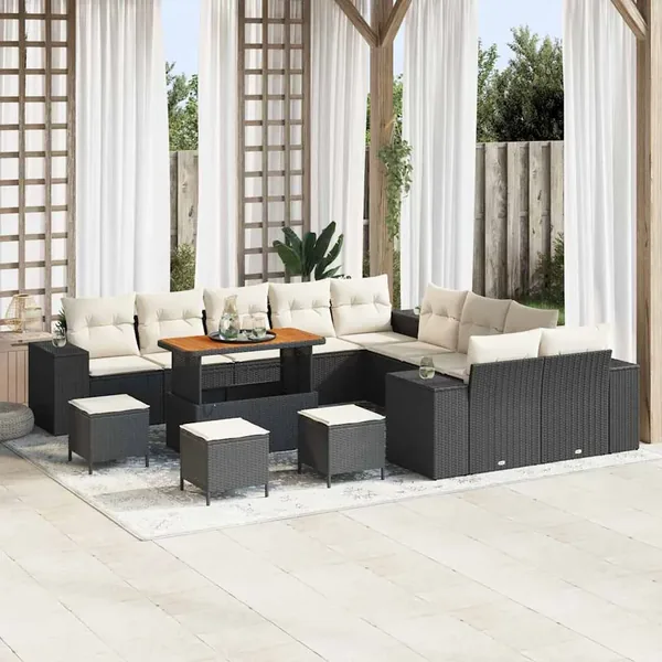 Ensemble de canapé de jardin 14 pcs Noir et Crème polyrotin