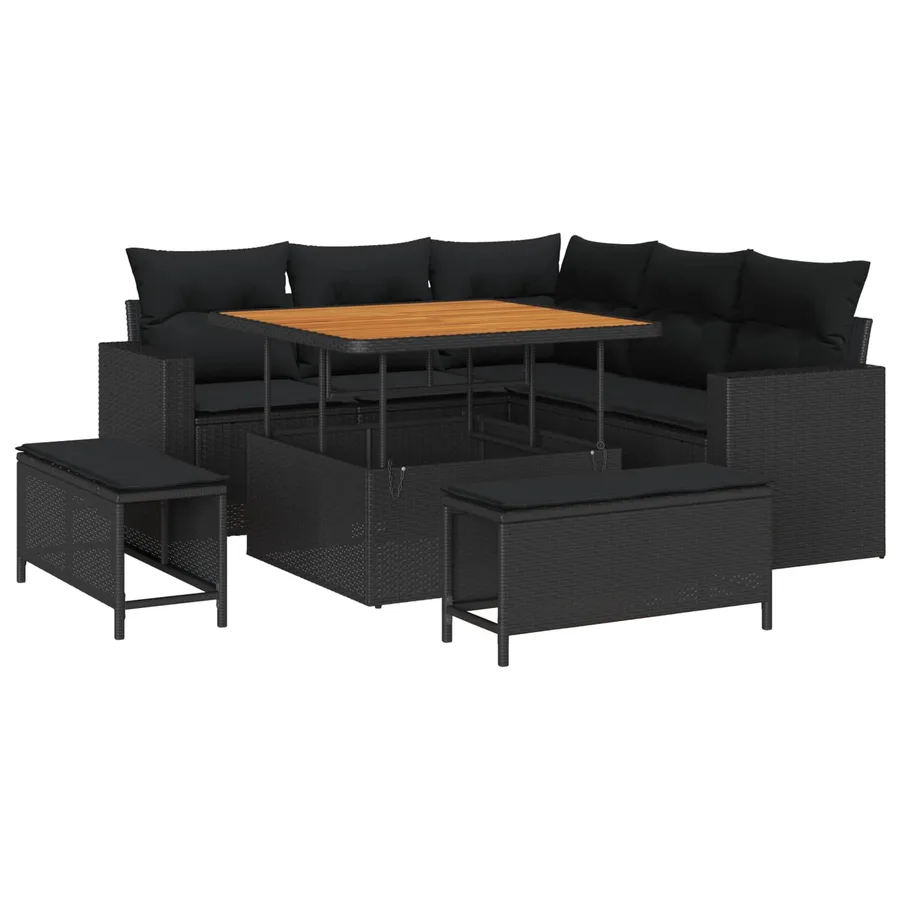 Ensemble de canapé de jardin avec coussin 9 pcs Noir polyrotin - 2