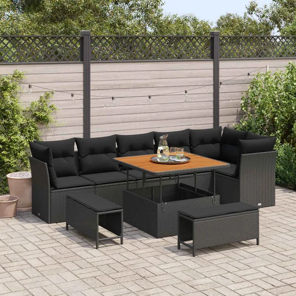 Ensemble de canapé de jardin 9 pcs Noir polyrotin