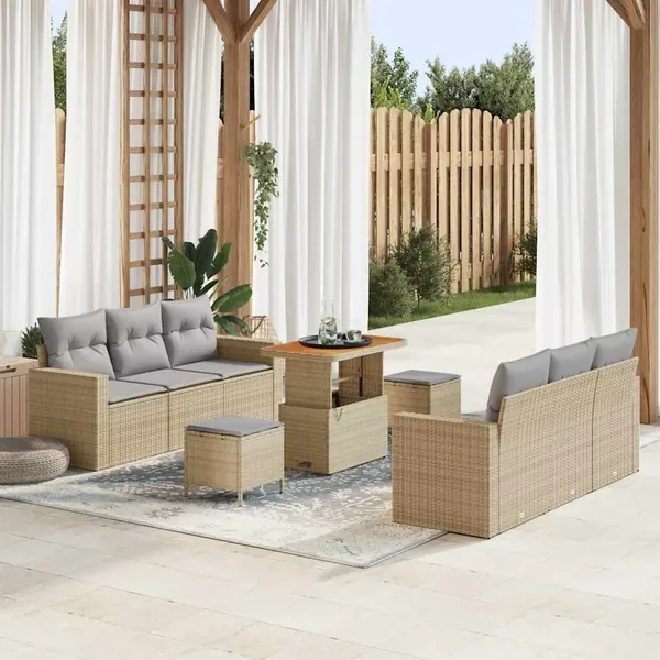 Ensemble de canapé de jardin 9 pcs Beige polyrotin