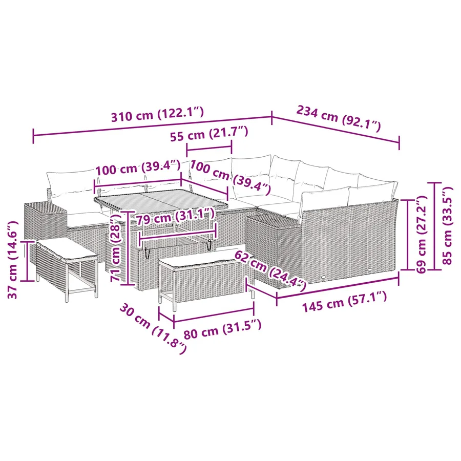 Ensemble de canapé de jardin avec coussin 12 pcs Noir polyrotin - 14