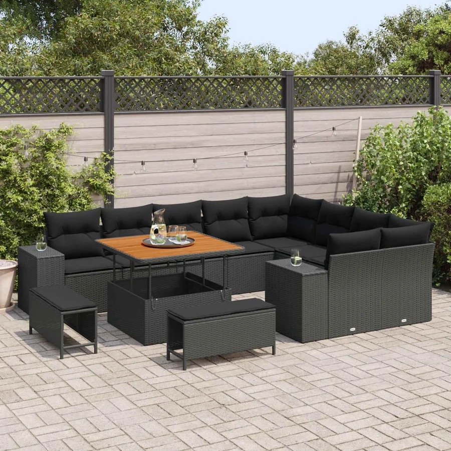 Ensemble de canapé de jardin avec coussin 12 pcs Noir polyrotin - 3