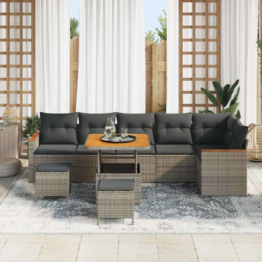 Ensemble de canapé de jardin avec coussin 9 pcs Gris Poly rotin - 3