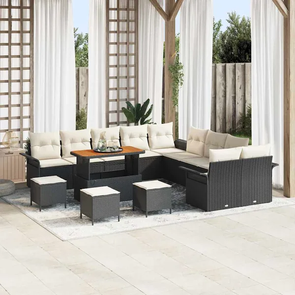 Ensemble de canapé de jardin avec coussin 14 pcs Noir polyrotin