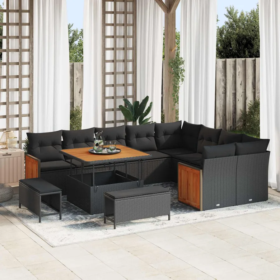 Ensemble de canapé de jardin avec coussin 13 pcs Noir polyrotin