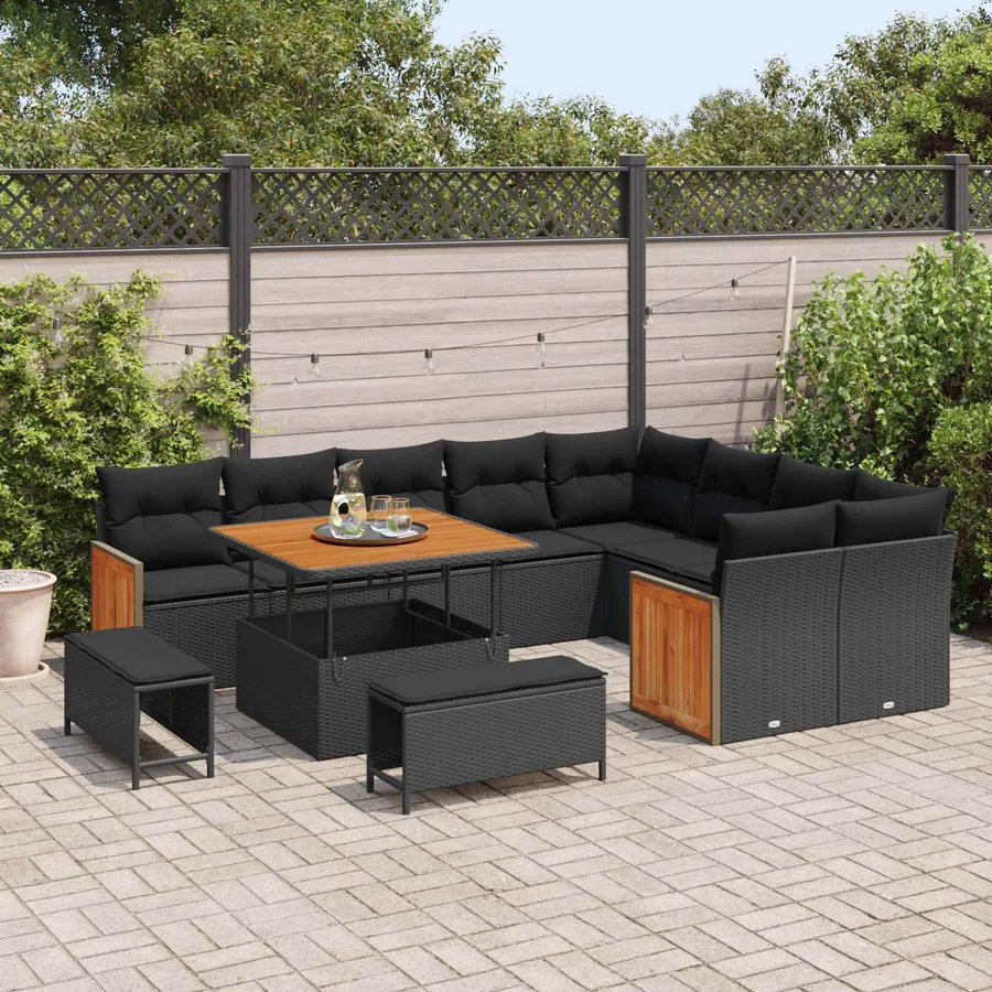 Ensemble de canapé de jardin avec coussin 13 pcs Noir polyrotin - 3