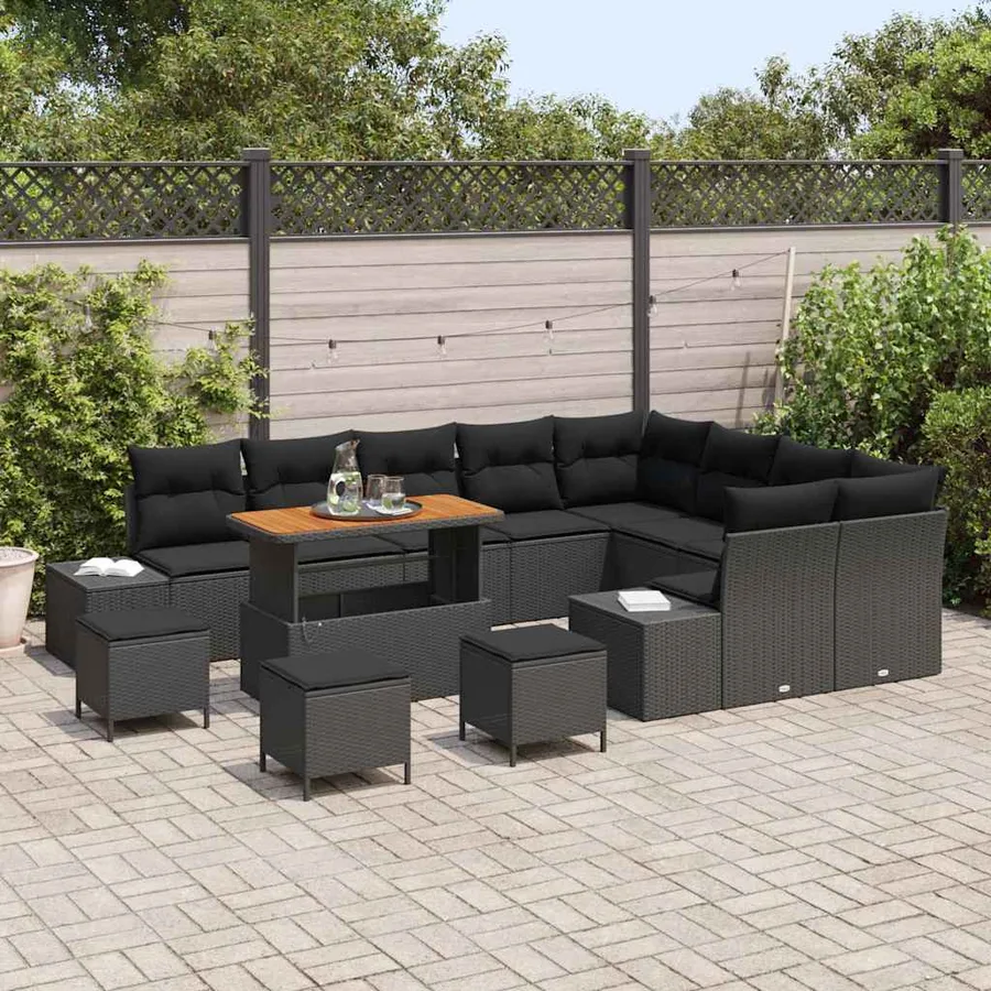 Ensemble de canapé de jardin avec coussin 13 pcs Noir polyrotin - 3