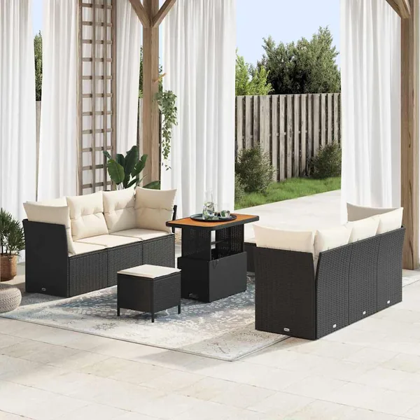 Ensemble de canapé de jardin avec coussin 9 pcs Noir polyrotin
