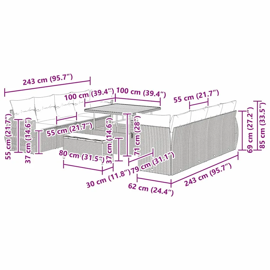Ensemble de canapé de jardin 11 pcs Beige polyrotin - 14