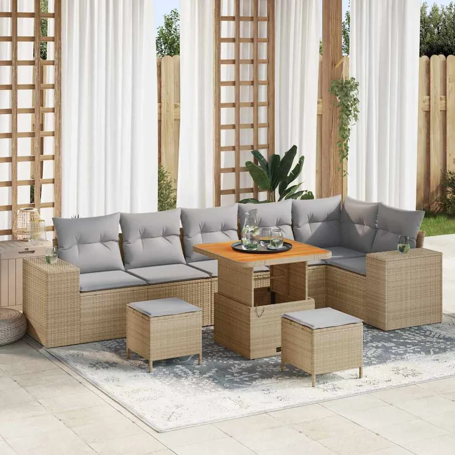 Ensemble de canapé de jardin avec coussin 9 pcs Beige polyrotin
