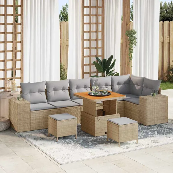 Ensemble de canapé de jardin avec coussin 9 pcs Beige polyrotin