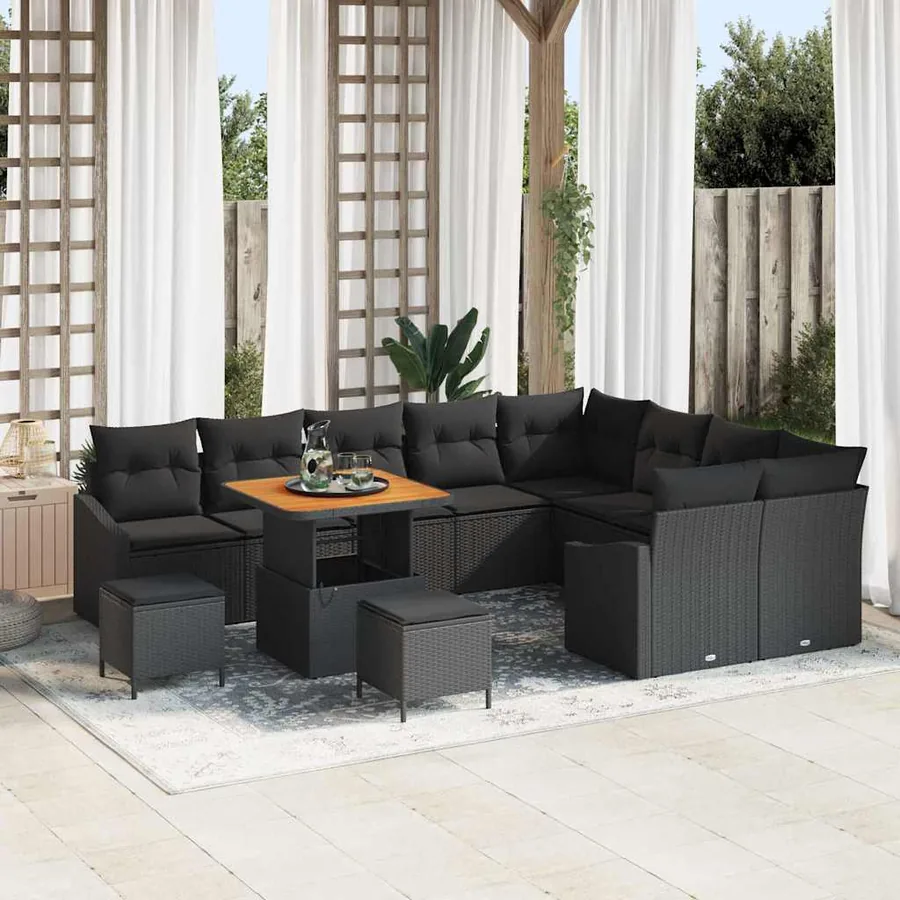 Ensemble de canapé de jardin avec coussin 12 pcs Noir polyrotin