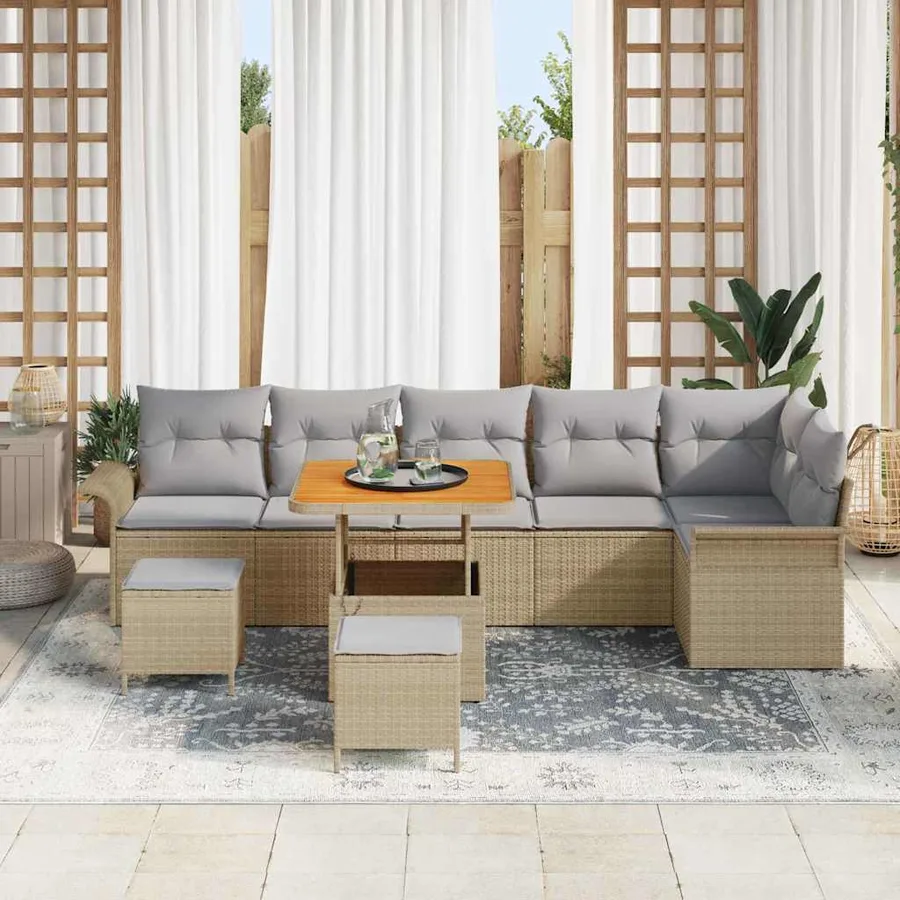 Ensemble de canapé de jardin avec coussin 9 pcs Beige polyrotin - 3