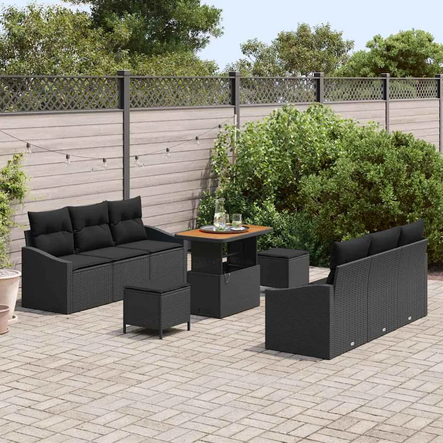 Ensemble de canapé de jardin avec coussin 9 pcs Noir polyrotin - 3
