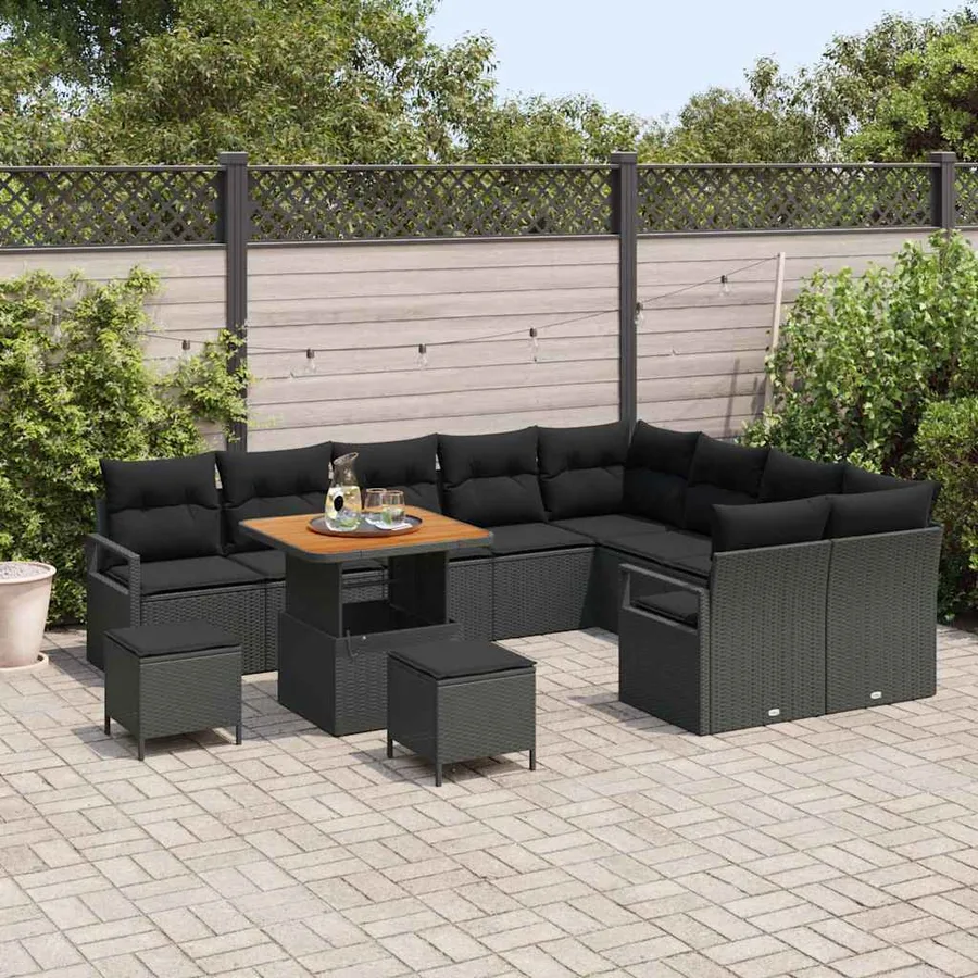 Ensemble de canapé de jardin avec coussin 12 pcs Noir polyrotin - 3