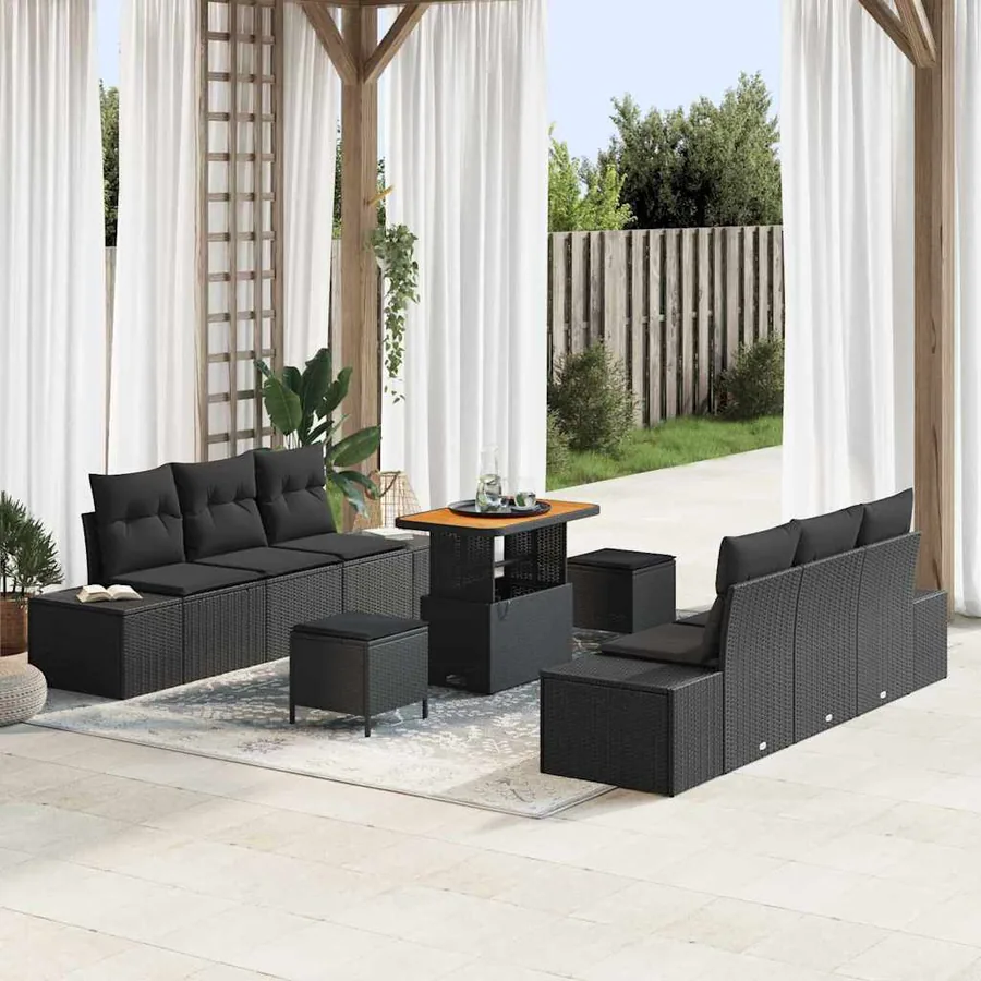 Ensemble de canapé de jardin avec coussin 9 pcs Noir polyrotin