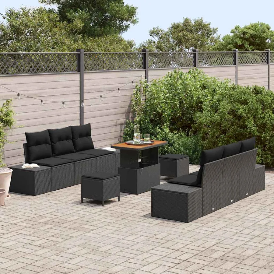Ensemble de canapé de jardin avec coussin 9 pcs Noir Poly rotin - 3