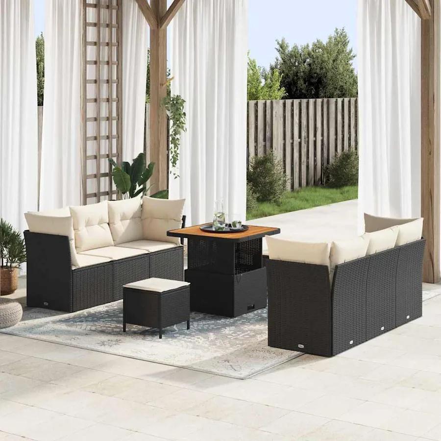 Ensemble de canapé de jardin avec coussin 9 pcs Noir polyrotin