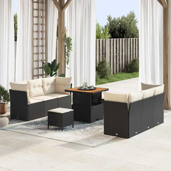 Ensemble de canapé de jardin avec coussin 9 pcs Noir polyrotin