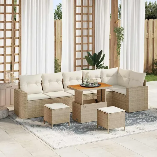 Ensemble de canapé de jardin 9 pcs Beige polyrotin