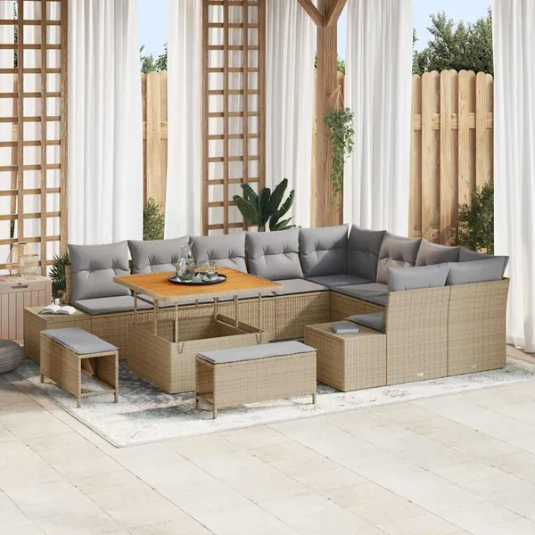 Ensemble de canapé de jardin 12 pcs Beige polyrotin