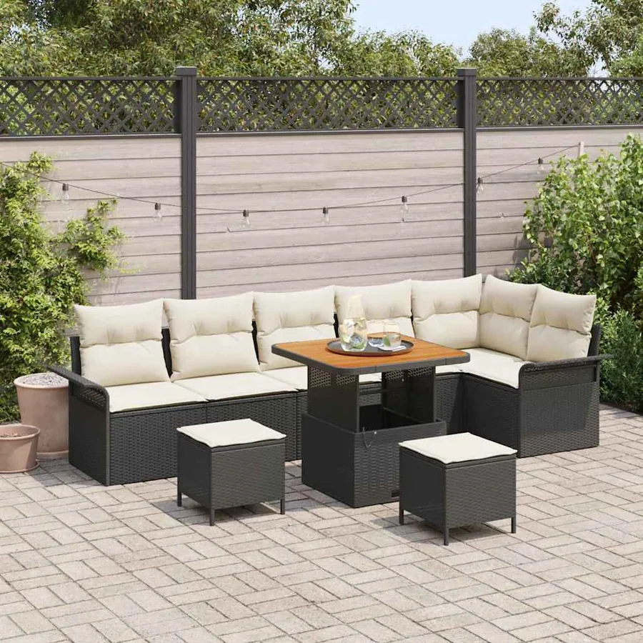 Ensemble de canapé de jardin avec coussin 9 pcs Noir polyrotin