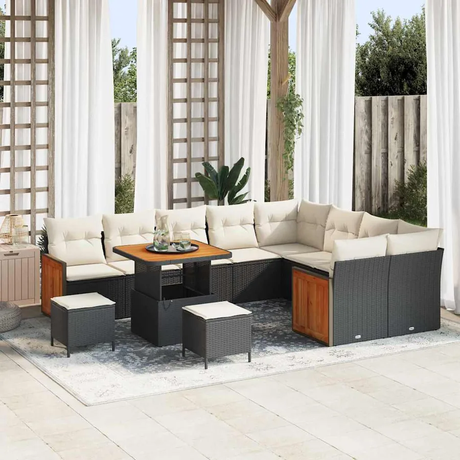 Ensemble de canapé de jardin 13 pcs Noir et Crème polyrotin