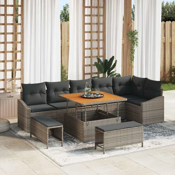 Ensemble de canapé de jardin avec coussin 9 pcs Gris polyrotin