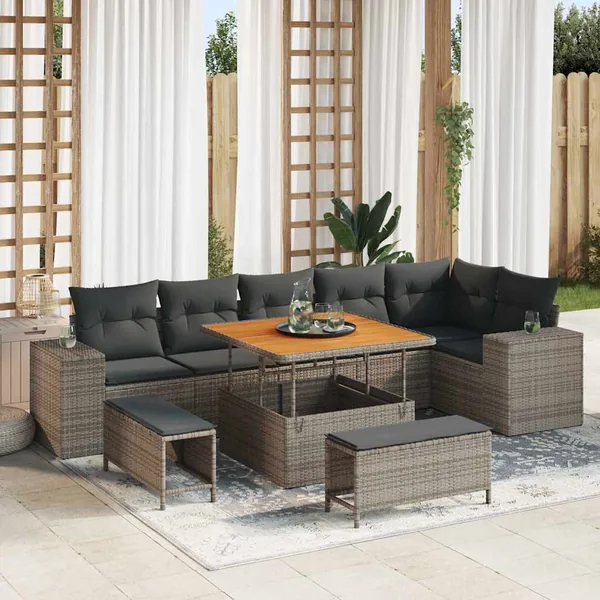 Ensemble de canapé de jardin avec coussin 9 pcs Gris polyrotin